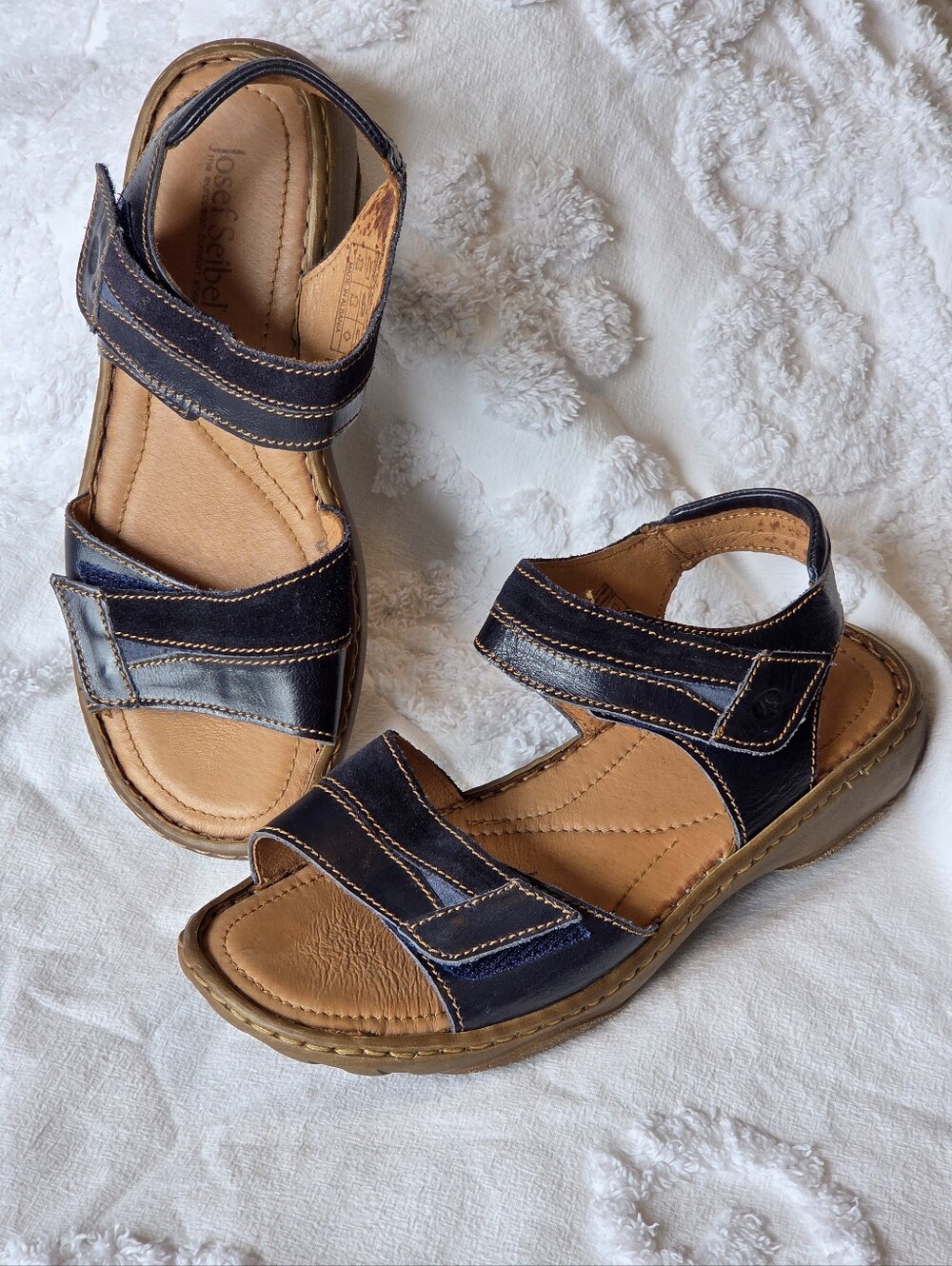 Josef Seibel Navy Blue Leather+Suede Comfort Sandal Adjustable EU 37 US 6.5-7